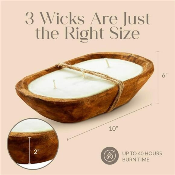 Vanilla Latte Soy Candle 3 Wick Wooden Dough Bowl Farmhouse Scented Decor - Picture 4 of 7